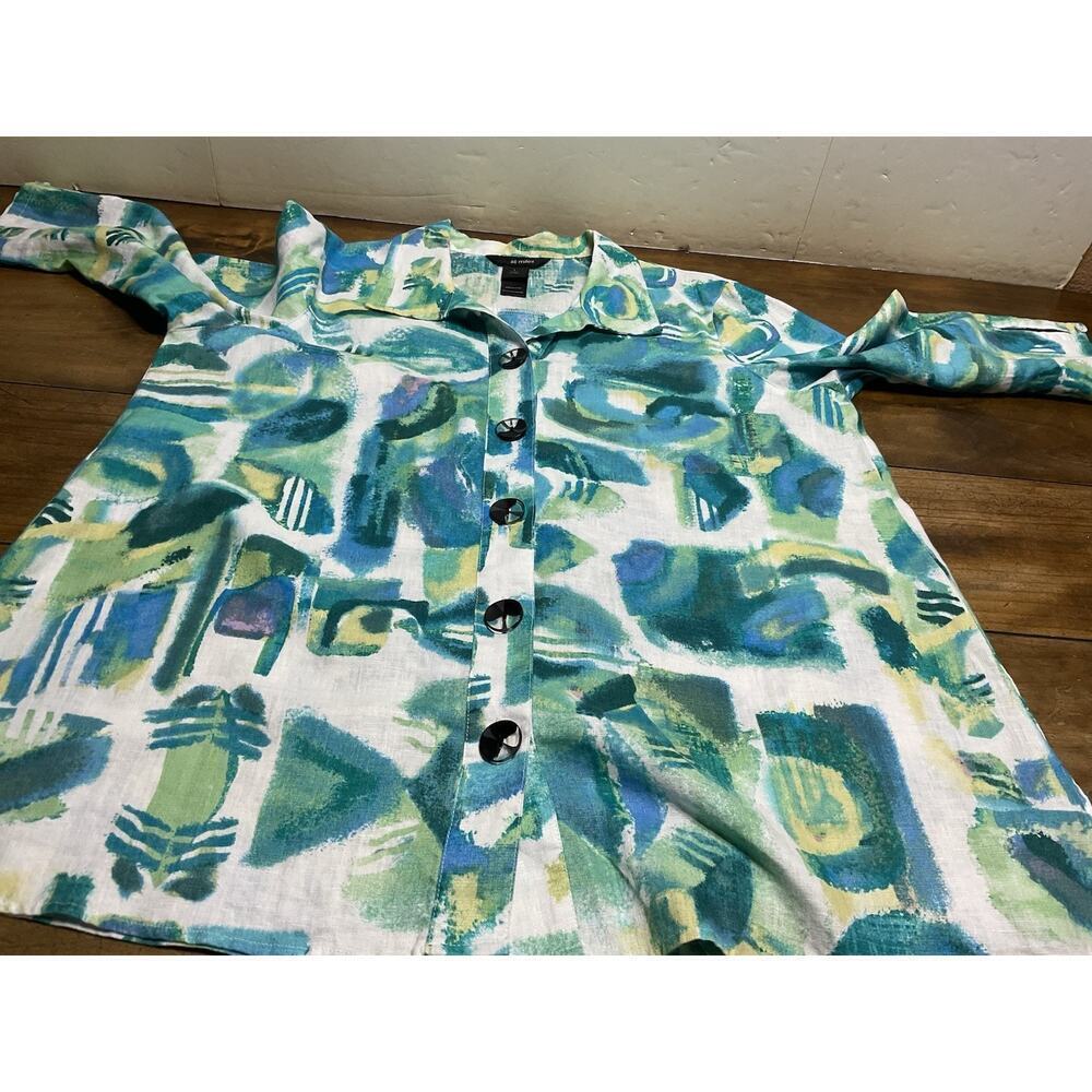 Ali Miles Button Front Tunic Top Linen Blend Blue Green Watercolor Abstract Sz L - Picture 6 of 10